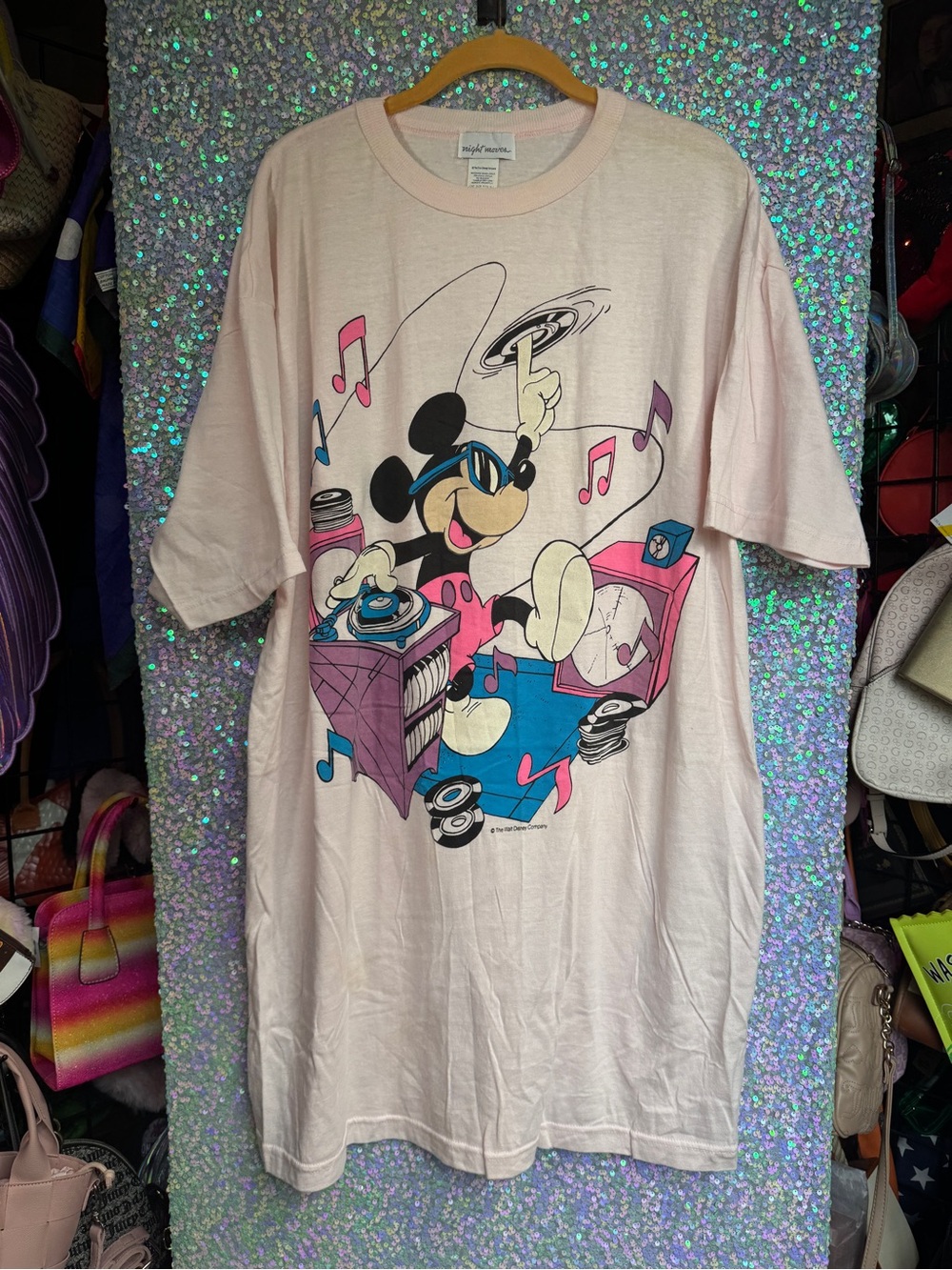 VTG Disney Night Moves Pink DJ Mickey Mouse Graphic Sleep Shirt